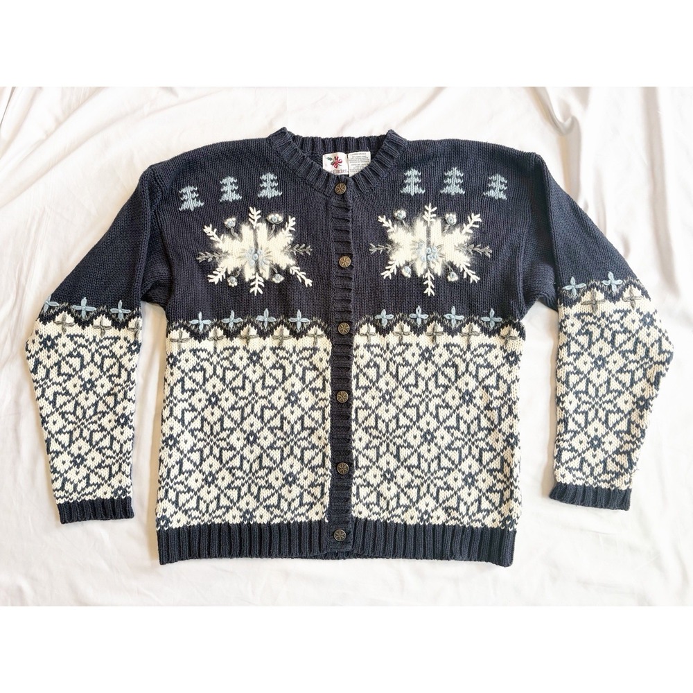 NUTCRACKER Women's Size L Grey Blue Snowflake Knit Cardigan Sweater